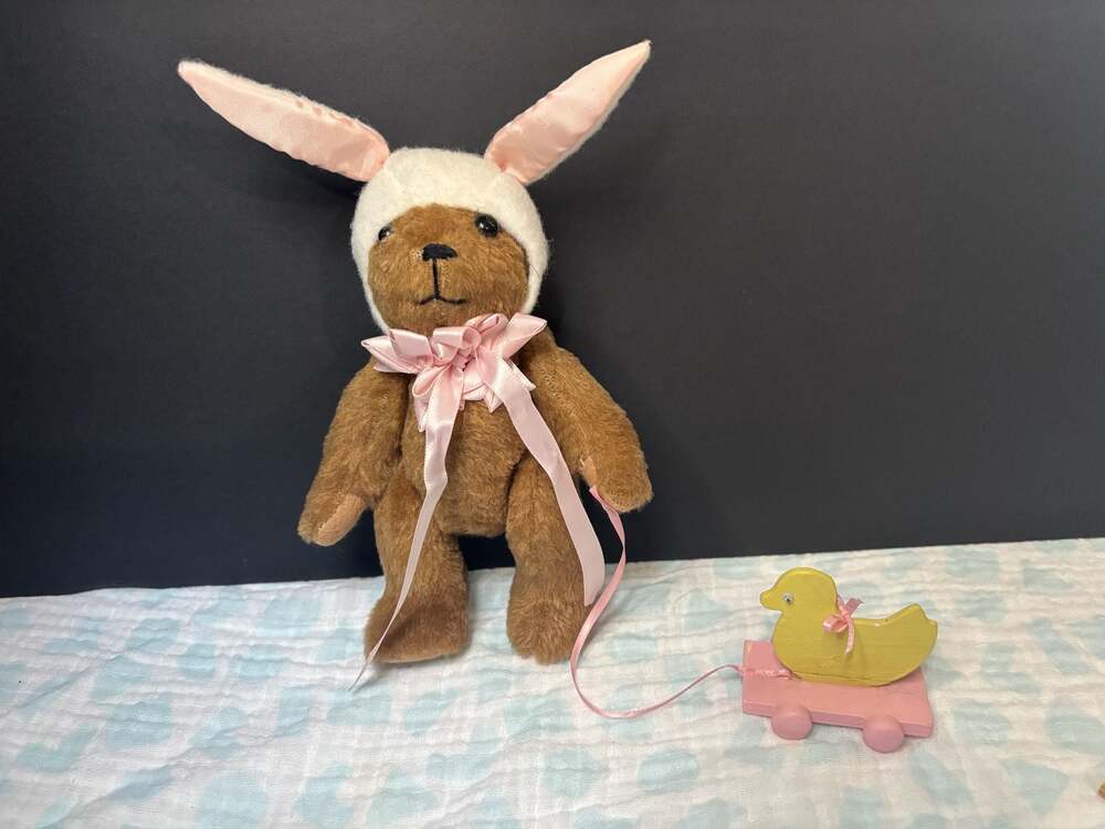 Vintage Specially Fashioned by Nancy Plush Teddy Bear in Bunny Hat with Wooden D - Picture 2 of 6